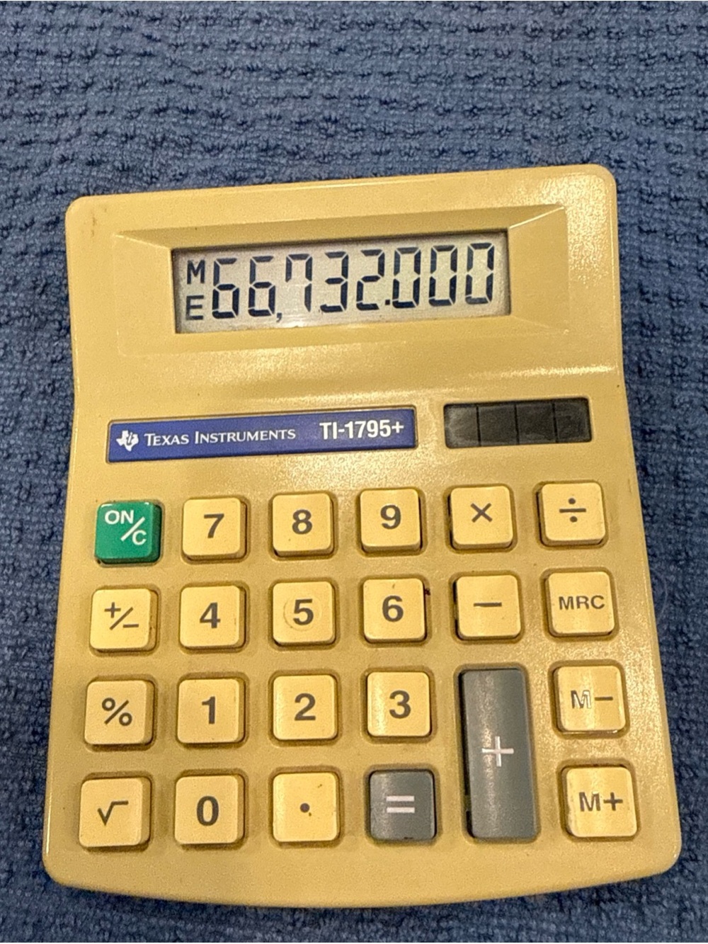 Texas Instruments Yellow Desktop Calculator with Green Power Key